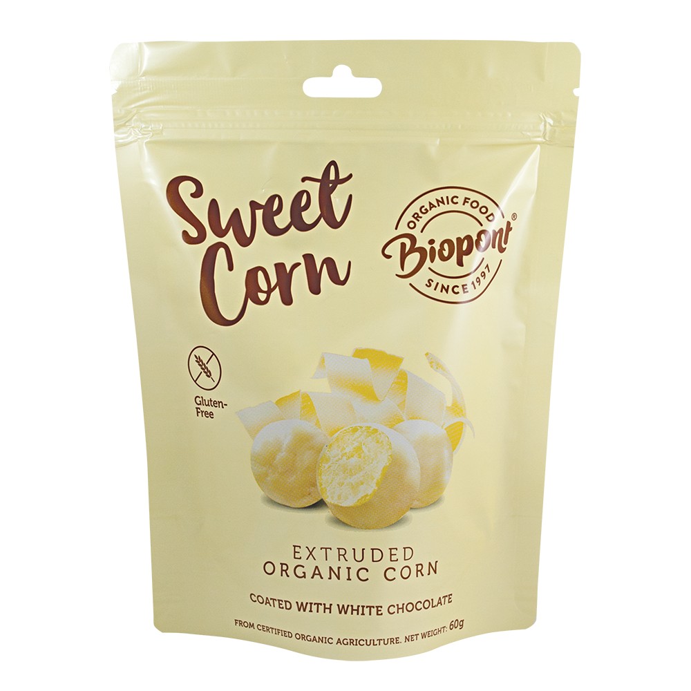 Biopont bio sweet corn fehércsokoládéval bevont extrudált kukorica