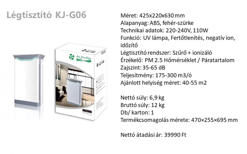 Légtisztító berendezés G06 250m2/óra 110W