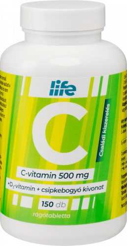 Life c-vitamin 500 mg+d3 vitamin+csipkebogyó kivonat rágótabletta 150 db