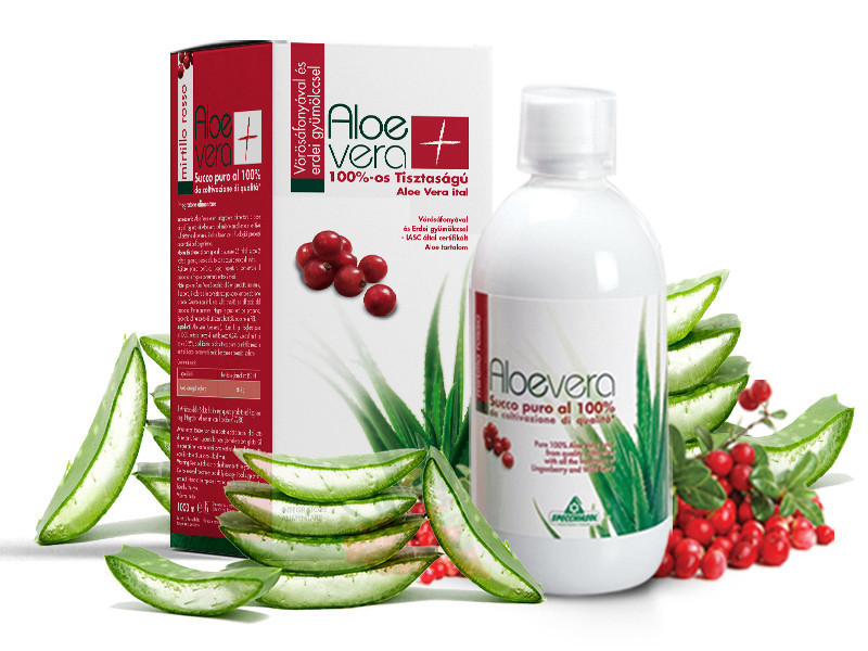 Specchiasol® Aloe Vera ital Vörösáfonyás - 8000 mg/liter acemannán tartalommal! IASC logó a dobozon.