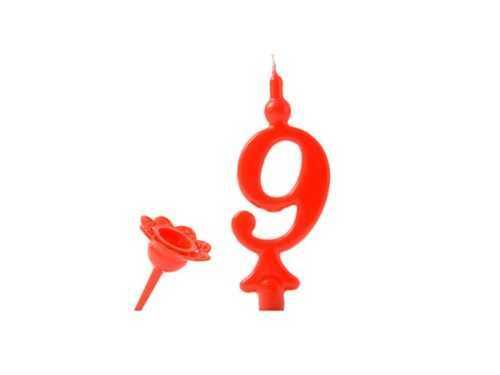 Születésnapi gyertya felragasztható állvánnyal - Számjegyek piros 9 - Modecor