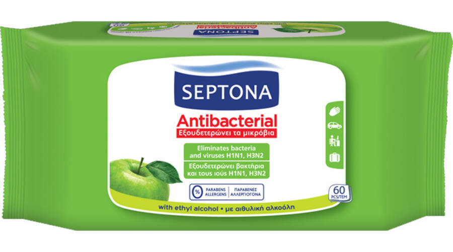 Septona antibakteriális törlőkendő zöldalma illattal 60db