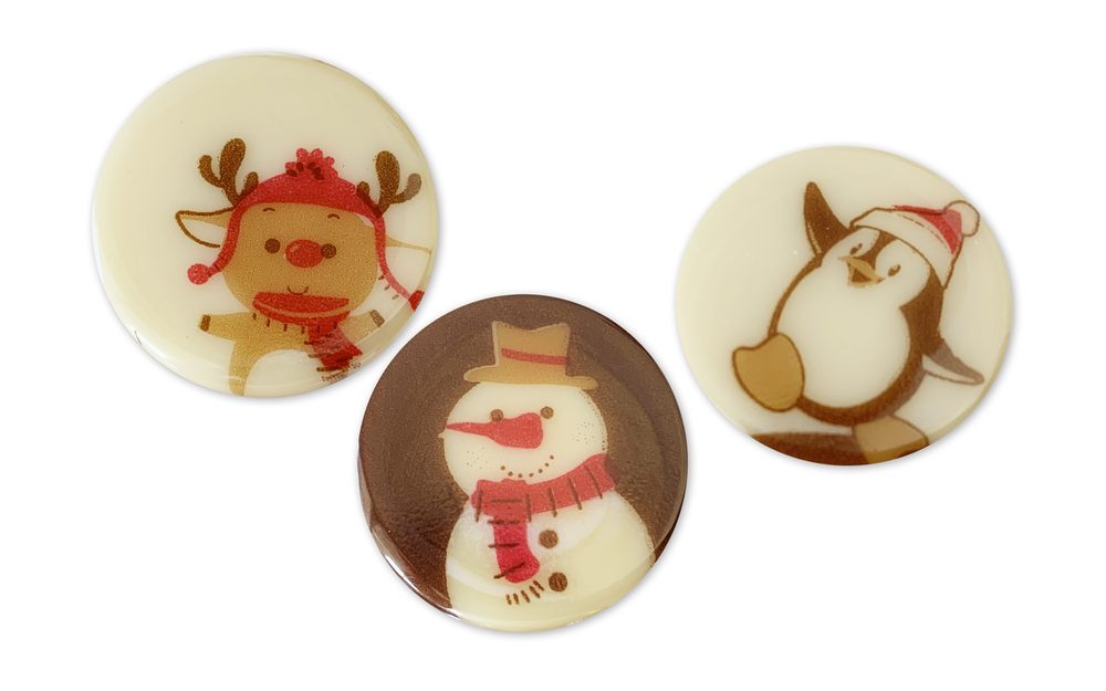 Csokoládé dekoráció karácsonyi trió - 3 cm-es körök nyomtatással - 63 db - Barbara Luijckx