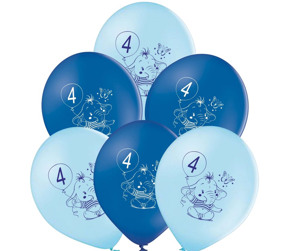 Kék elefántos 4. születésnapi lufik 6 db -