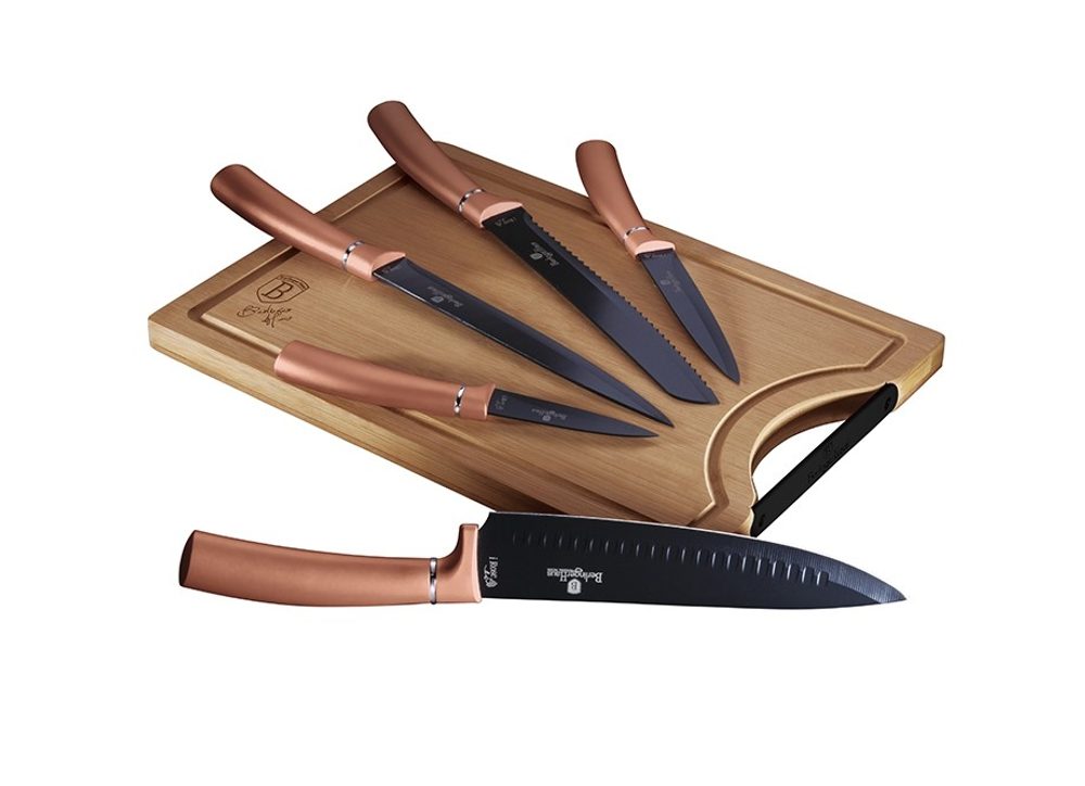 Rozsdamentes acél késeket tartalmazó készlet bambusz vágódeszkával - Rosegold Metallic Line - BERLINGERHAUS